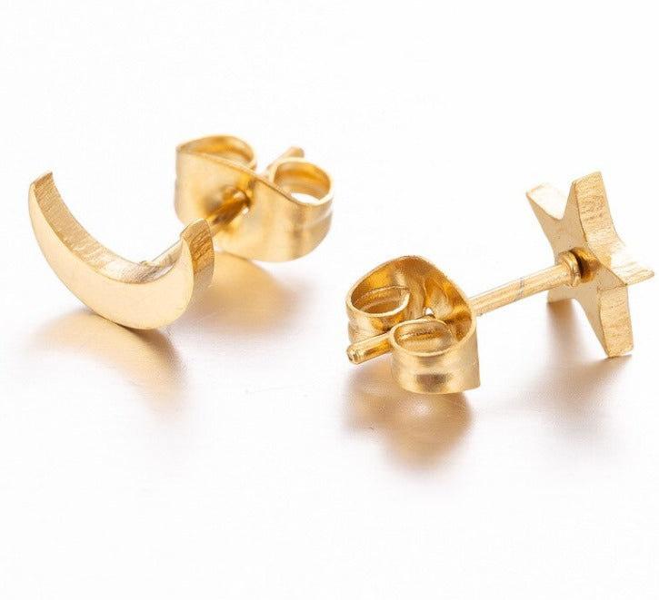 Hypoallergenic Surgical Steel Gold Silver Star Moon Lovely Shape Stud Earrings (