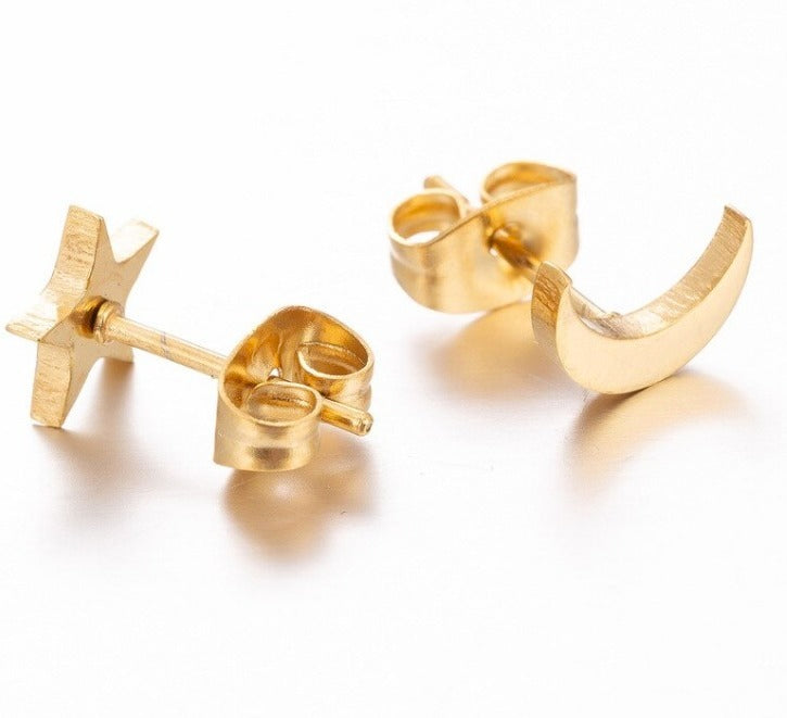 Hypoallergenic Surgical Steel Gold Silver Star Moon Lovely Shape Stud Earrings (