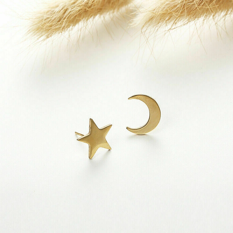 Hypoallergenic Surgical Steel Gold Silver Star Moon Lovely Shape Stud Earrings (