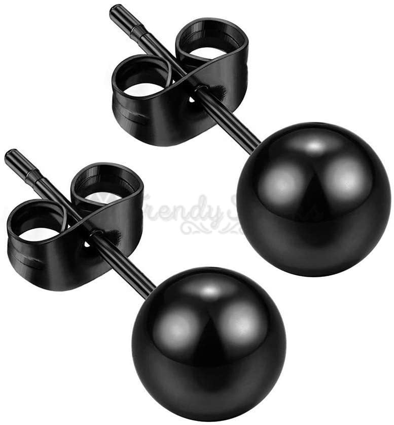 8MM Hypoallergenic Black Polish Finish Ball Studs Earrings 316L Surgical Steel
