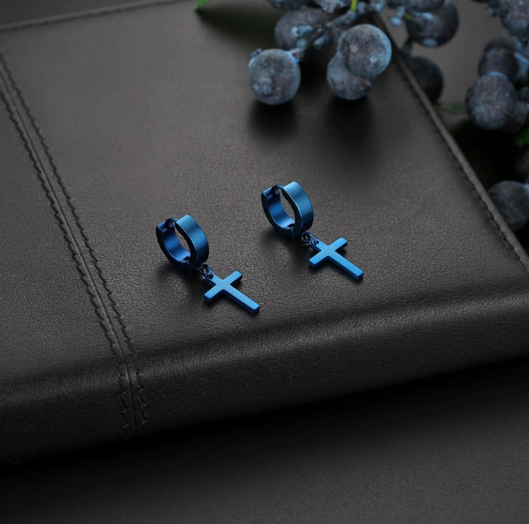 PAIR 316L Surgical Stainless Steel Blue Dangle Huggie Drop Dangle Hoop Earrings