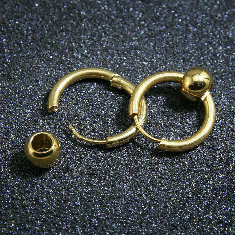 16MM Men Women Gold Plated Round Ball Bead Hippie Hoop Cartilage Earrings Pair