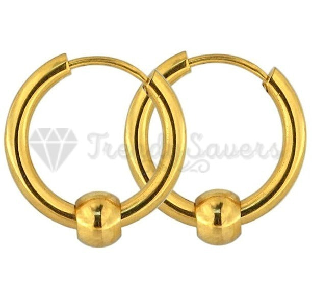 20MM Hypoallergenic Large Yellow Gold Ball Bead Clicker Hoop Stud Earrings Pair