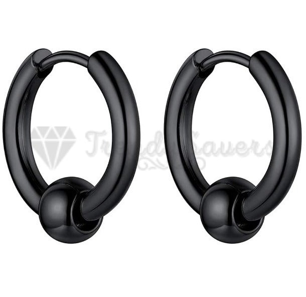 16MM Vintage Punk Black Bead Ball Huggie Hinged Endless Loop Hoop Earrings Pair