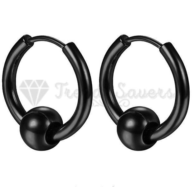 16MM Vintage Punk Black Bead Ball Huggie Hinged Endless Loop Hoop Earrings Pair