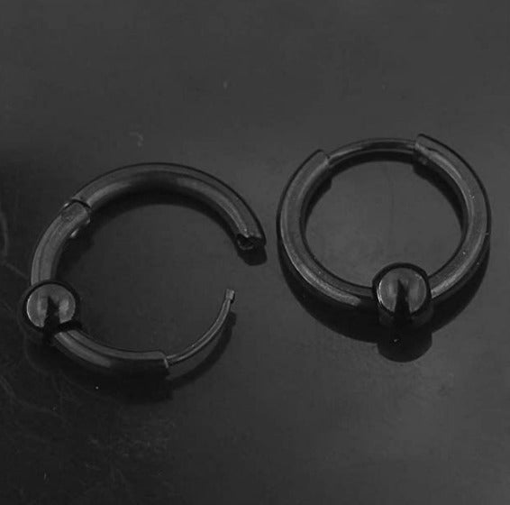 16MM Vintage Punk Black Bead Ball Huggie Hinged Endless Loop Hoop Earrings Pair