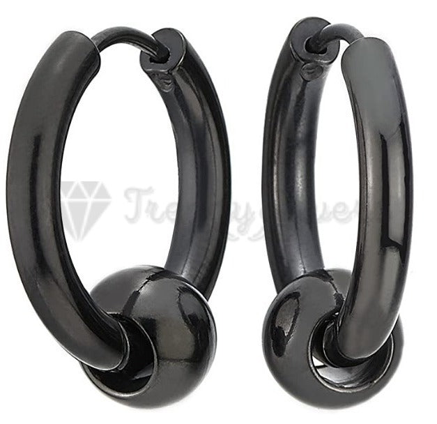 16MM Vintage Punk Black Bead Ball Huggie Hinged Endless Loop Hoop Earrings Pair