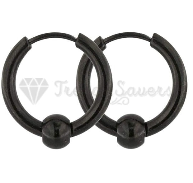 18MM Hypoallergenic Black Bead Ball Clicker Huggie Hinged Ear Hoop Earrings Pair
