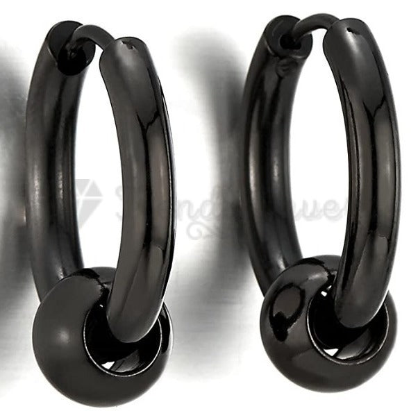 18MM Hypoallergenic Black Bead Ball Clicker Huggie Hinged Ear Hoop Earrings Pair