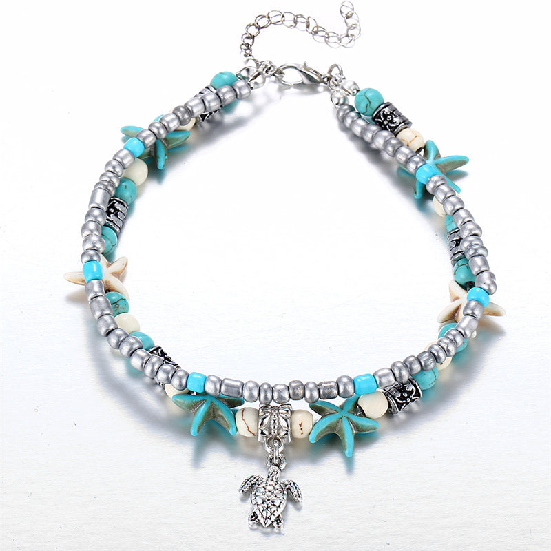 Bohemian Multiple Layers Starfish Turtle Beads Anklet