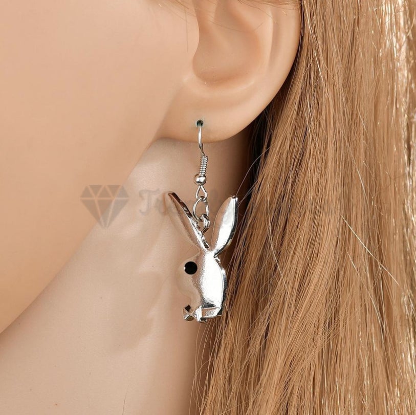 18ct Gold Plated Silver Tone Bunny Brushed Rabbit Head Shaped Drop Stud Earrings