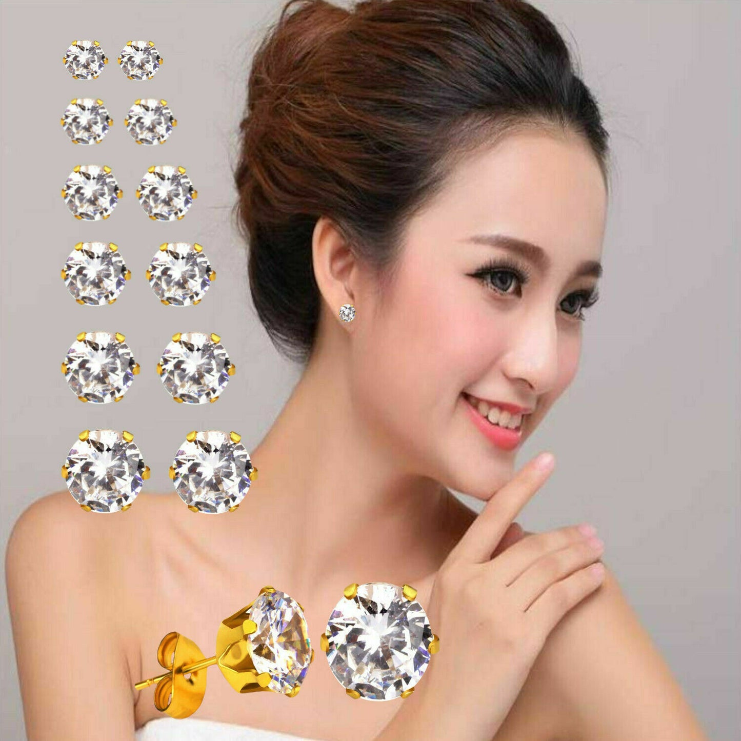 Royal Elegant Studs Cute Round 6 Claws CZ Gold Plated Stainless Steel Earrings