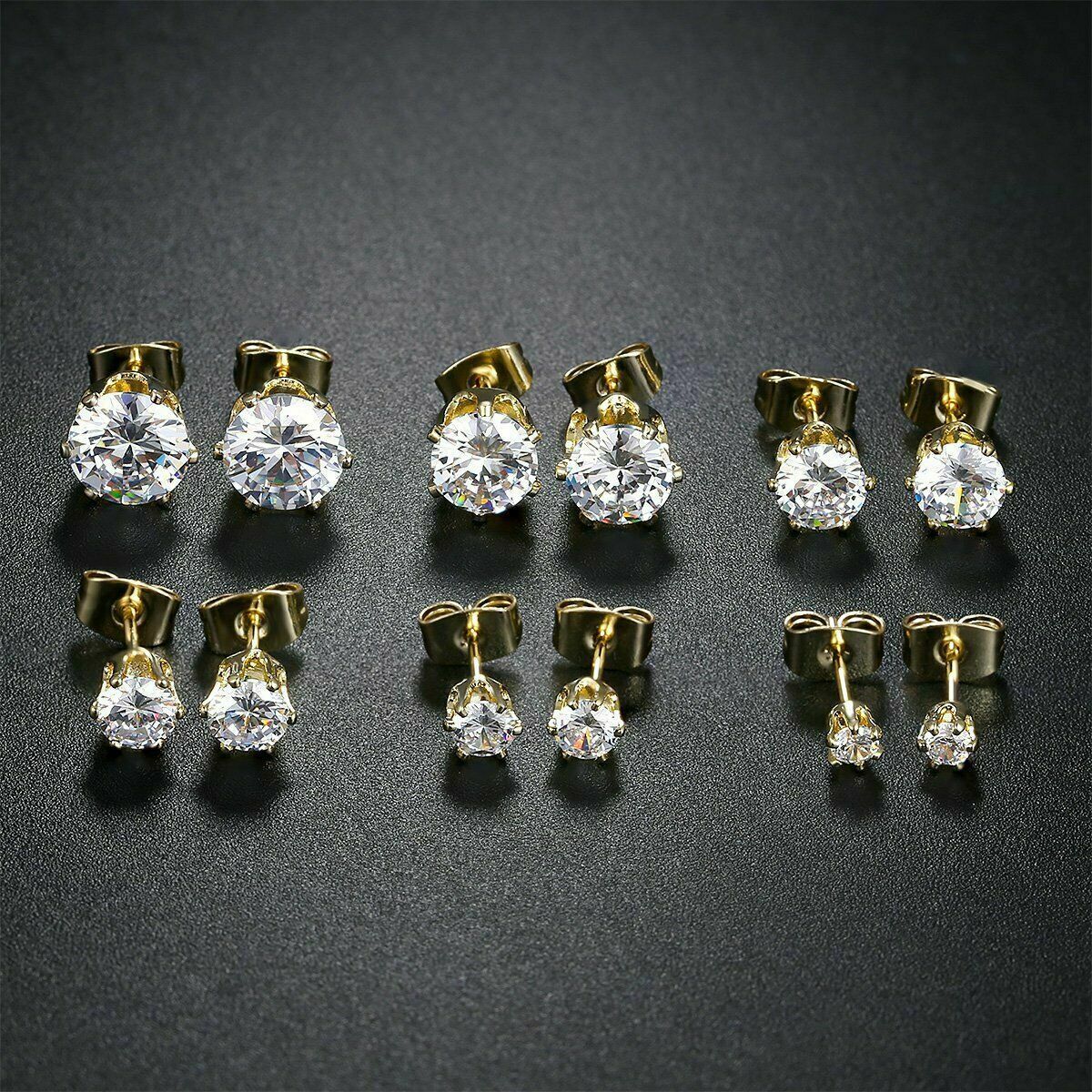 Royal Elegant Studs Cute Round 6 Claws CZ Gold Plated Stainless Steel Earrings
