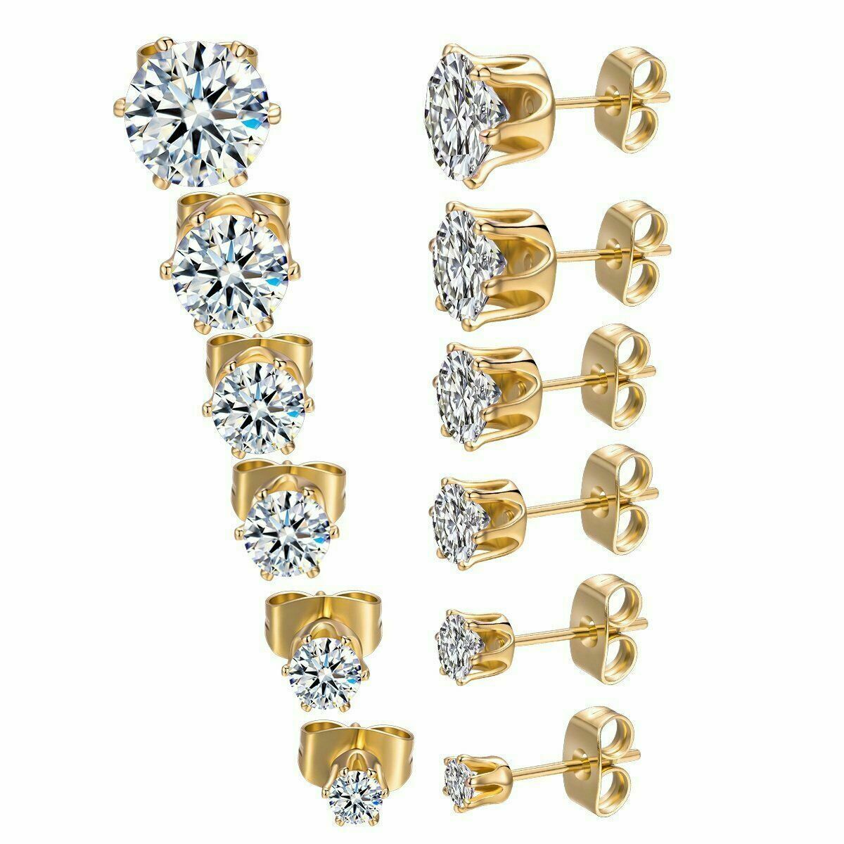 Royal Elegant Studs Cute Round 6 Claws CZ Gold Plated Stainless Steel Earrings