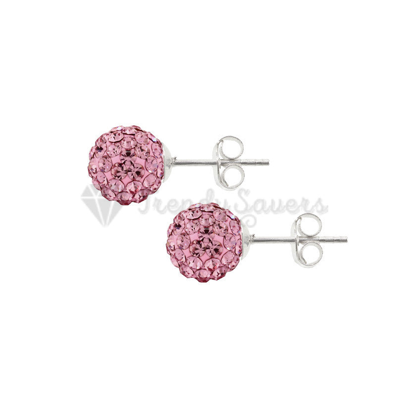 Womens Girls Crystal Disco Ball Pink Shamballa 5MM Stud Earrings Stainless Steel
