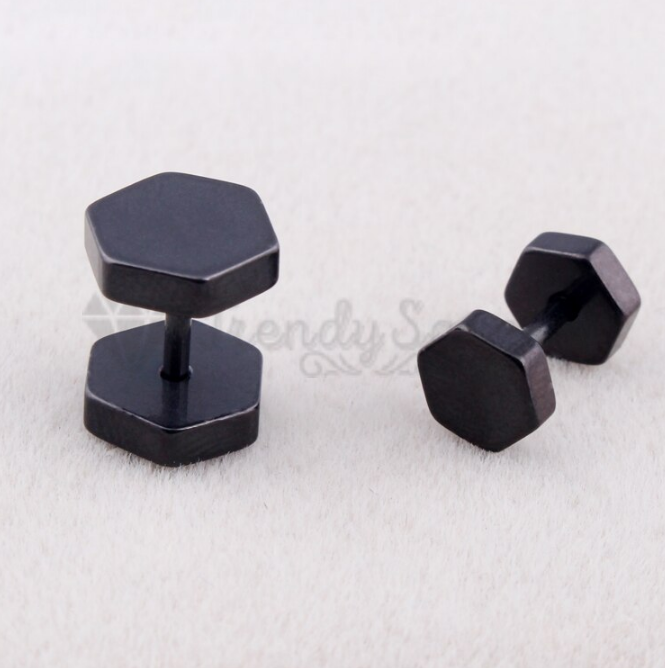 Double Hexagon Dumbbell Screw Black Fashion Stud Earrings Men Women Jewelry 4MM