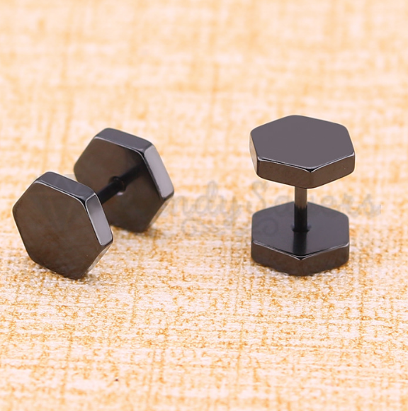 Double Hexagon Dumbbell Screw Black Fashion Stud Earrings Men Women Jewelry 4MM