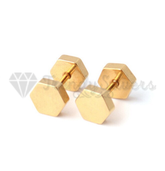 Surgical Steel Mens Womens Gold Hexagon Screw Cheater Plugs Stud Earrings 5MM