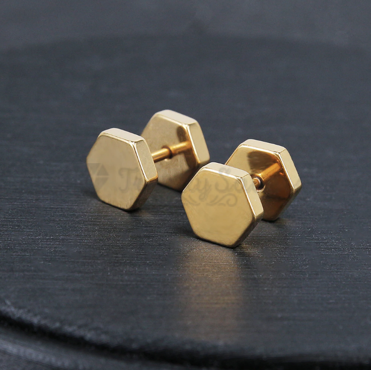 Surgical Steel Mens Womens Gold Hexagon Screw Cheater Plugs Stud Earrings 5MM