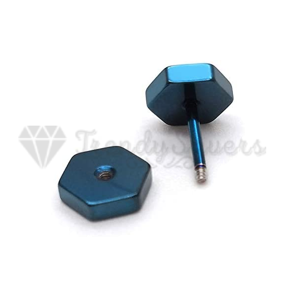 4MM Tiny Blue Hexagon Dumbbell Bars Stud Piercing Earrings Men Women Jewellery