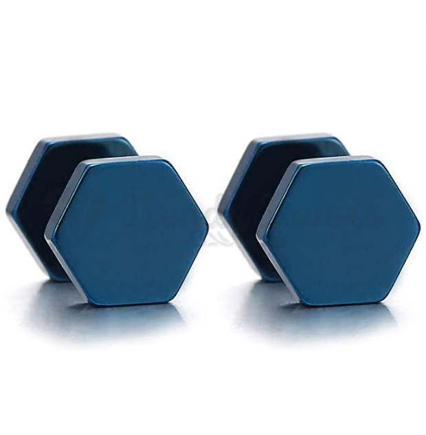 4MM Tiny Blue Hexagon Dumbbell Bars Stud Piercing Earrings Men Women Jewellery