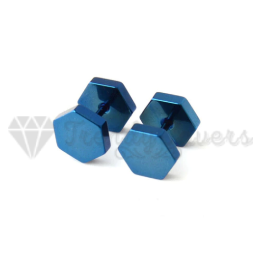 4MM Tiny Blue Hexagon Dumbbell Bars Stud Piercing Earrings Men Women Jewellery