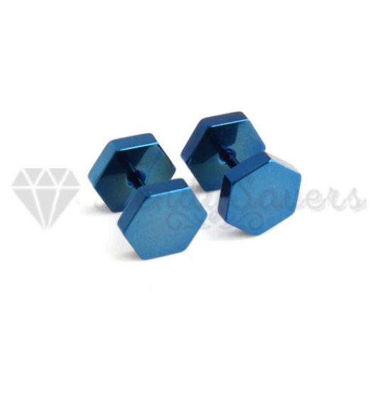 4MM Tiny Blue Hexagon Dumbbell Bars Stud Piercing Earrings Men Women Jewellery