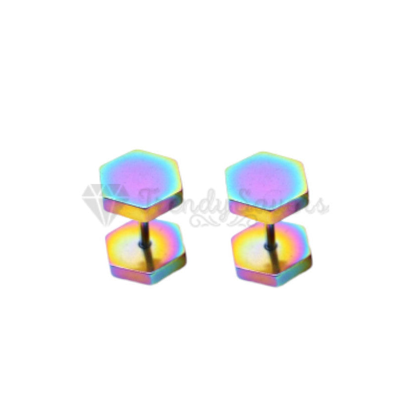 4MM Gothic Punk Multi Colour Rainbow Hexagon Head Earrings Surgical Steel Studs