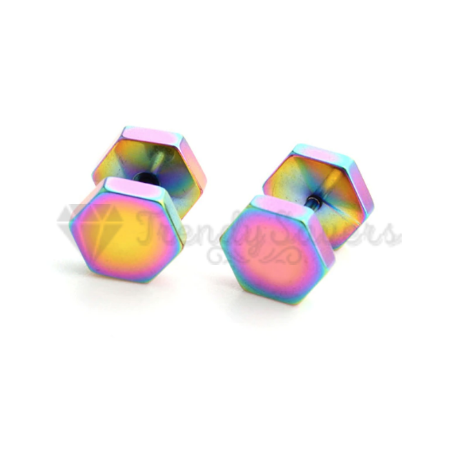 4MM Gothic Punk Multi Colour Rainbow Hexagon Head Earrings Surgical Steel Studs