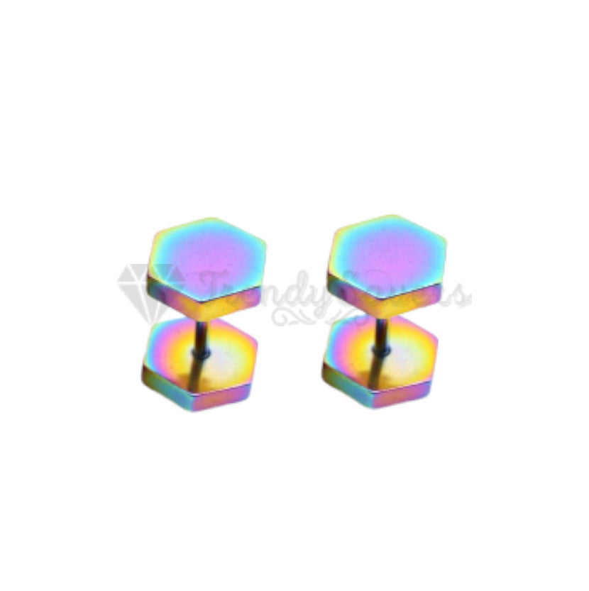 4MM Gothic Punk Multi Colour Rainbow Hexagon Head Earrings Surgical Steel Studs