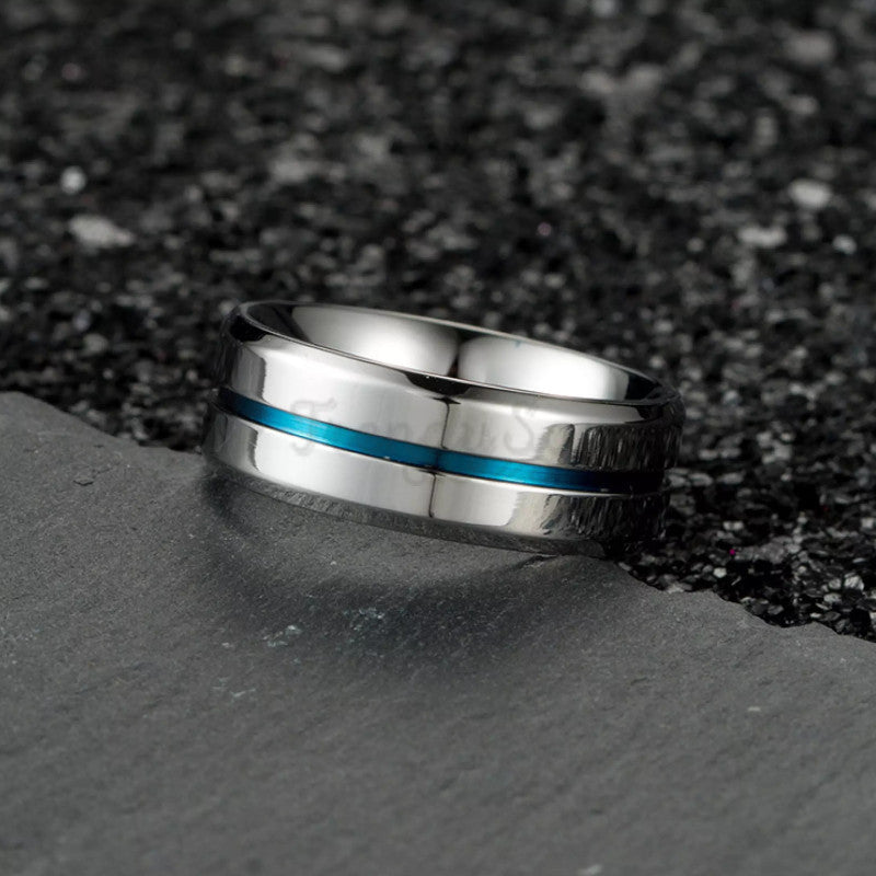 Silver Thin Blue Line Wedding Engagement Promise Ring Band Size 6 (16mm) L - M