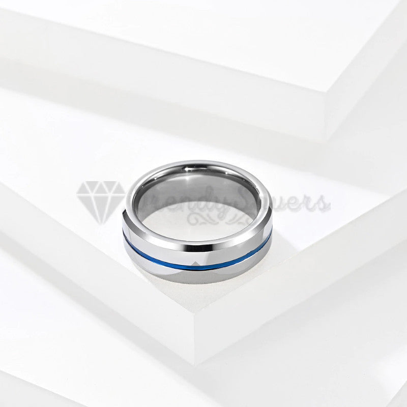 Silver Thin Blue Line Wedding Engagement Promise Ring Band Size 6 (16mm) L - M