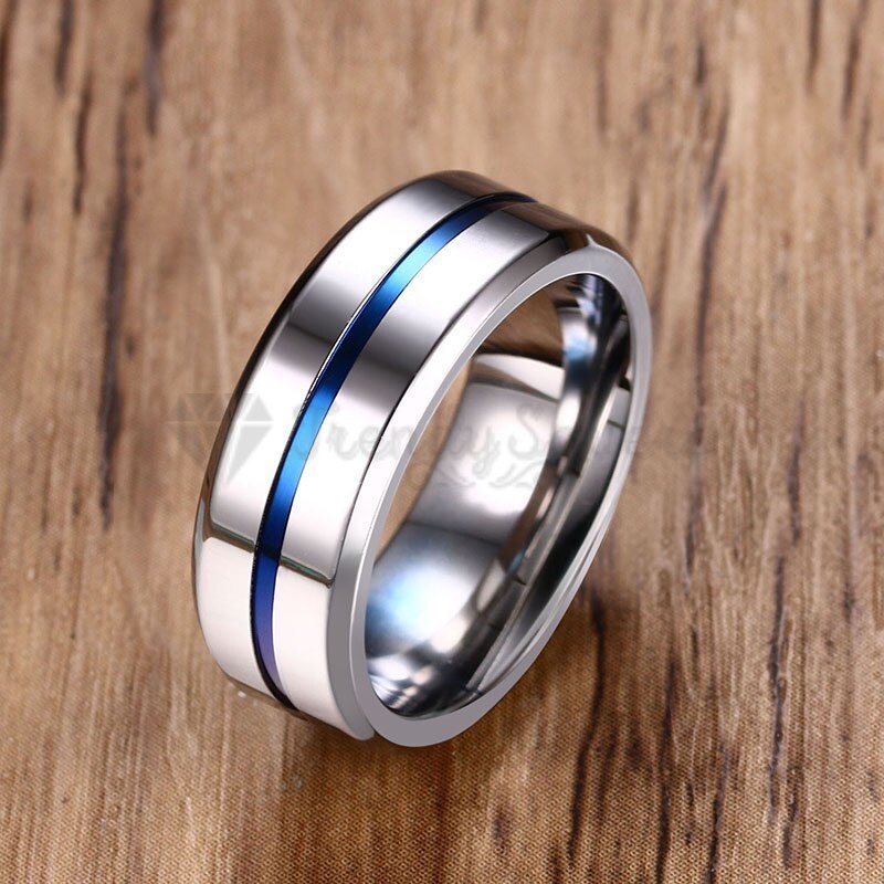 Silver Thin Blue Line Wedding Engagement Promise Ring Band Size 6 (16mm) L - M