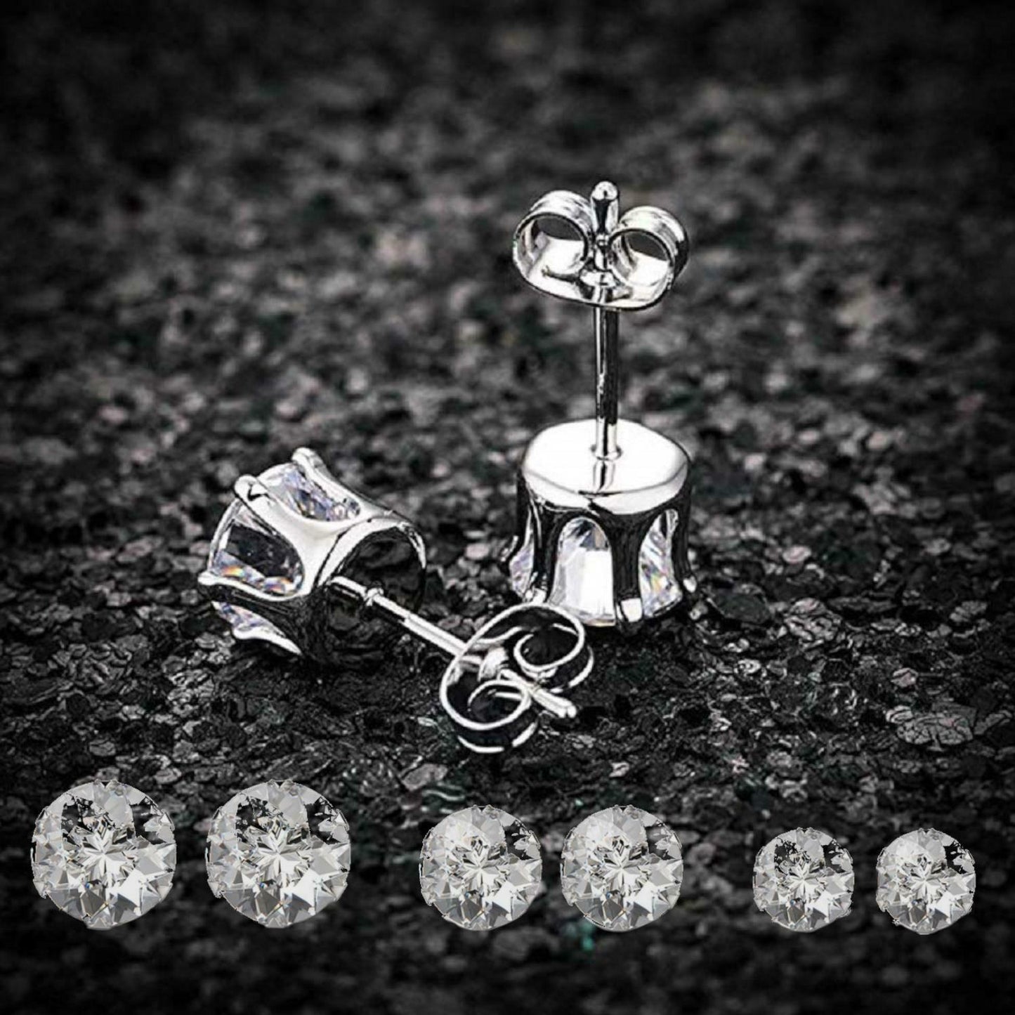 Women's Solid 925 Sterling Silver Six Claw Crystal Zircon Silver Stud Earring