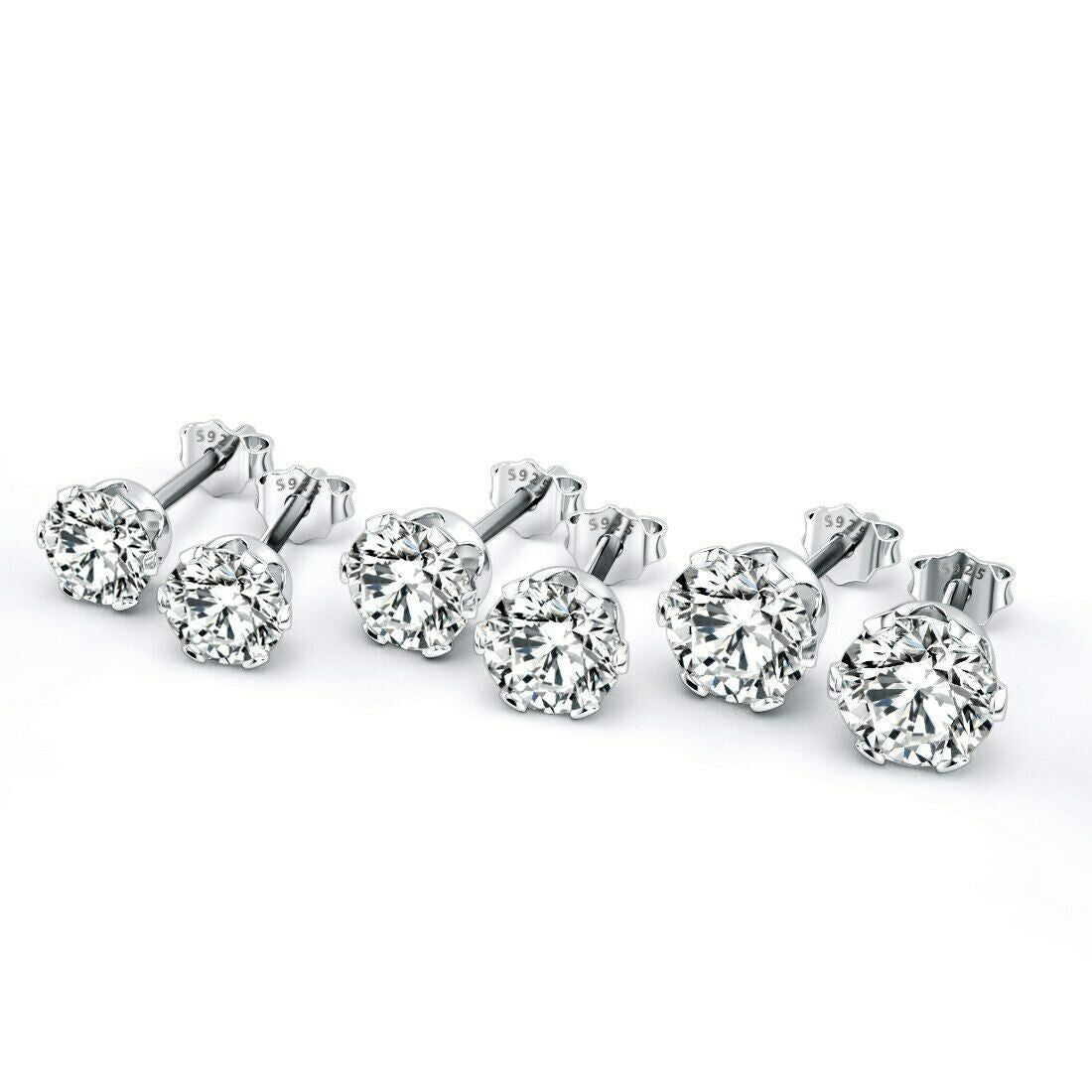 Women's Solid 925 Sterling Silver Six Claw Crystal Zircon Silver Stud Earring