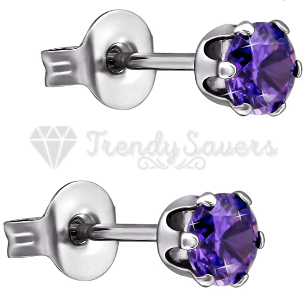 8MM Big Women Men Kids Surgical Steel Purple CZ Crystal Cartilage Stud Earrings