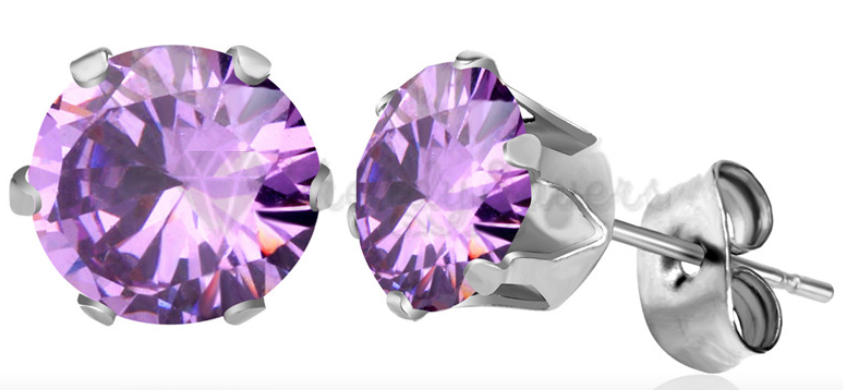 8MM Big Women Men Kids Surgical Steel Purple CZ Crystal Cartilage Stud Earrings