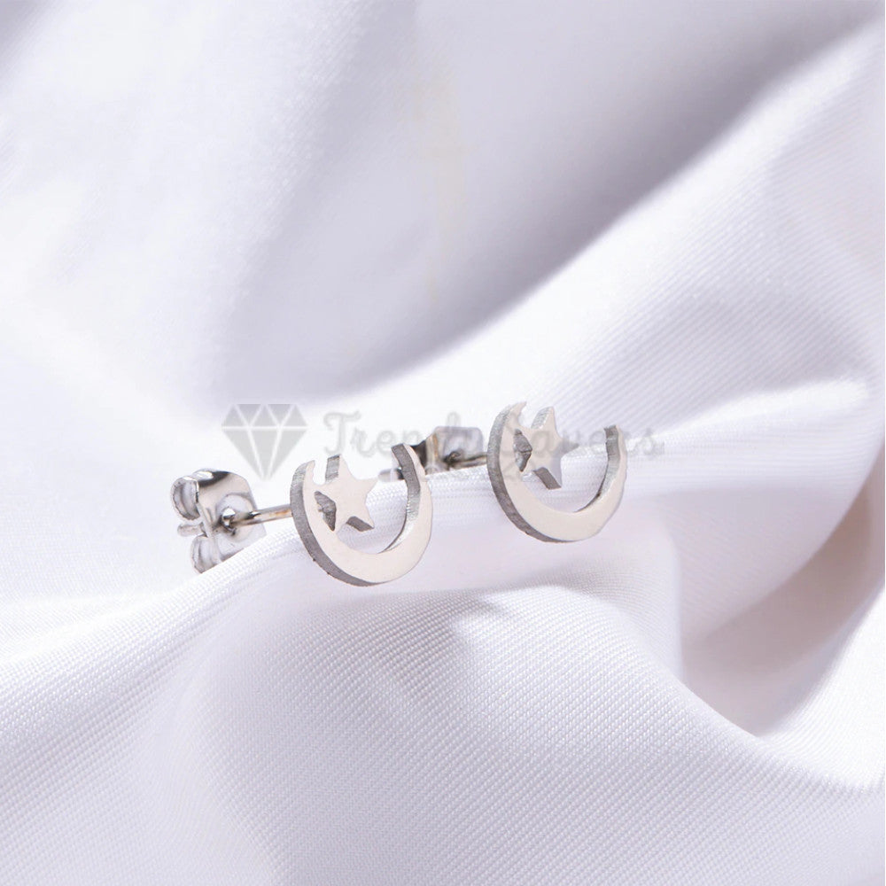 Hypoallergenic Stainless Steel Silver Star Moon Ear Stud Fashion Earrings