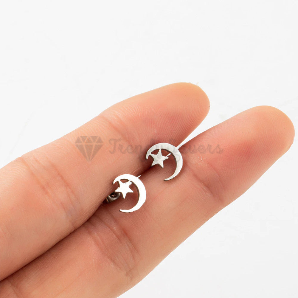 Hypoallergenic Stainless Steel Silver Star Moon Ear Stud Fashion Earrings