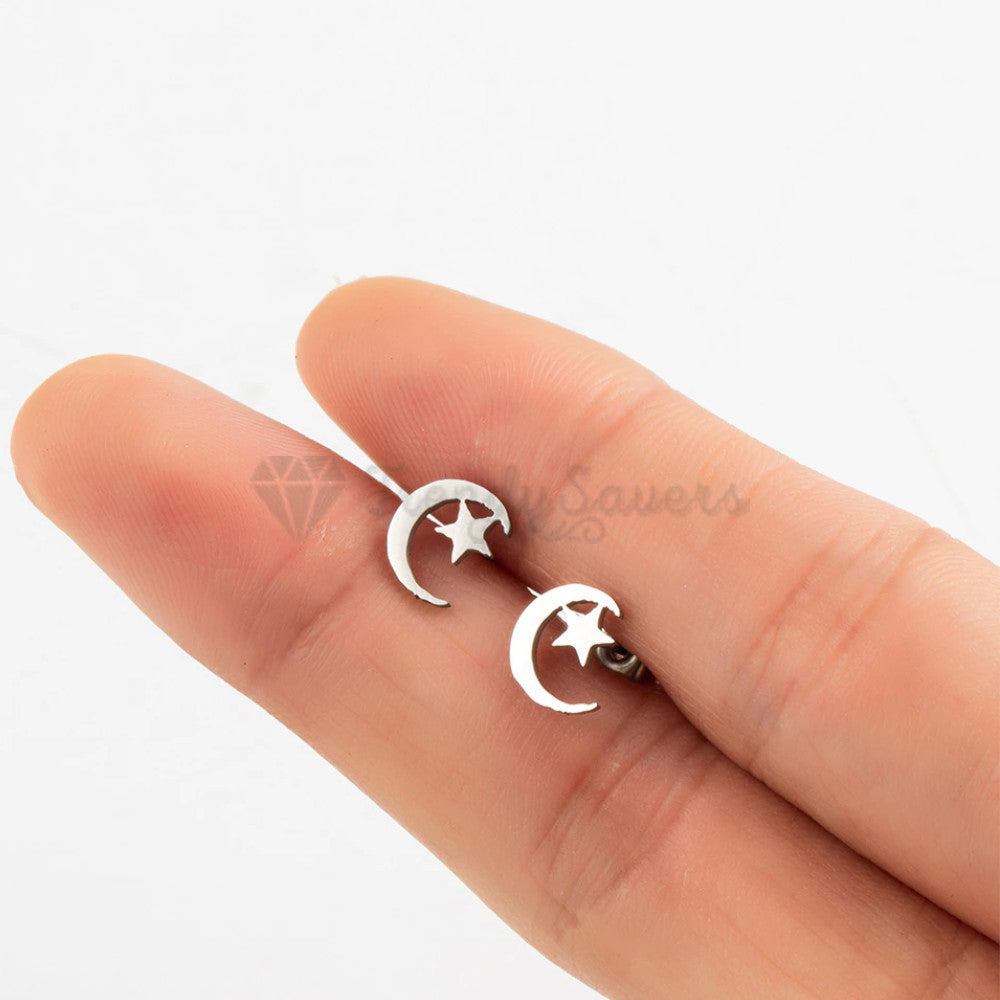 Hypoallergenic Stainless Steel Silver Star Moon Ear Stud Fashion Earrings
