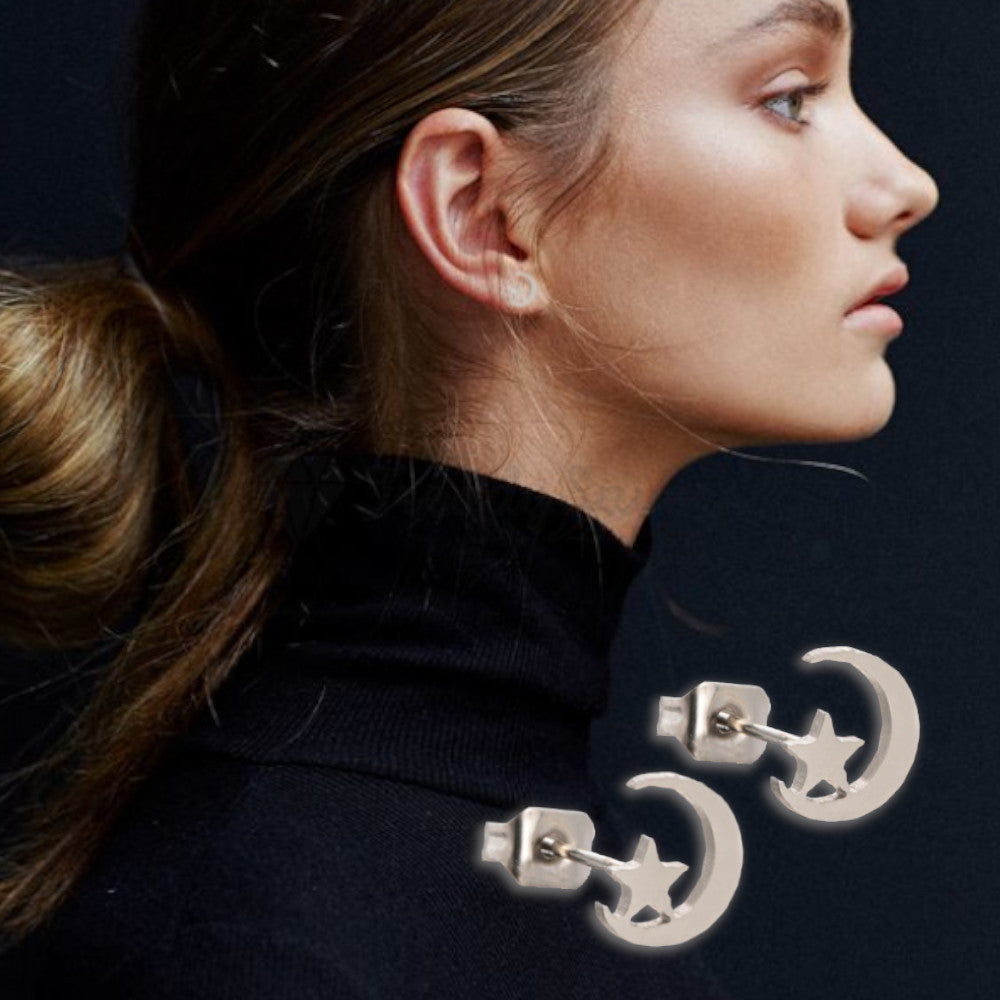 Hypoallergenic Stainless Steel Silver Star Moon Ear Stud Fashion Earrings