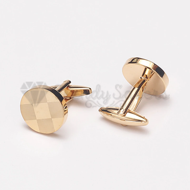 Gold Stainless Steel Small Round Checker Patterned Cuff Link Cufflink Mens Gift