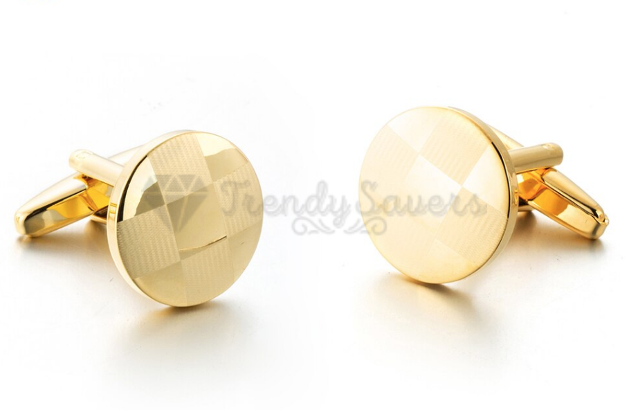 Gold Stainless Steel Small Round Checker Patterned Cuff Link Cufflink Mens Gift