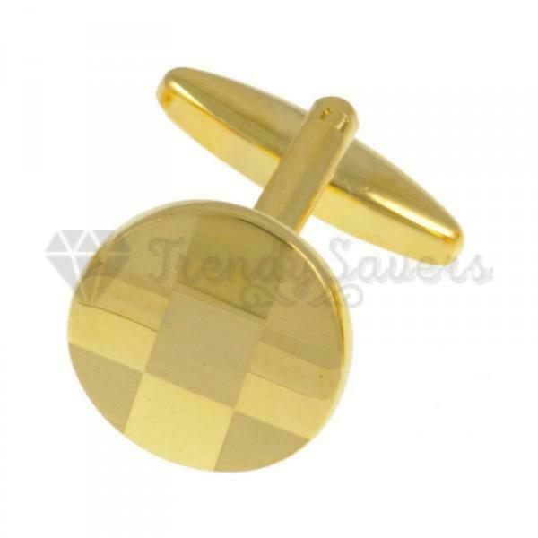 Gold Stainless Steel Small Round Checker Patterned Cuff Link Cufflink Mens Gift