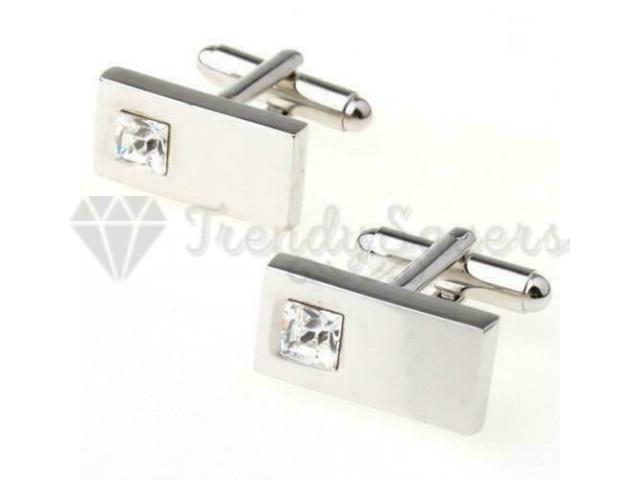 Stainless Steel Silver Plated White Crystal Cufflink Men Wedding Gift Cuff Links