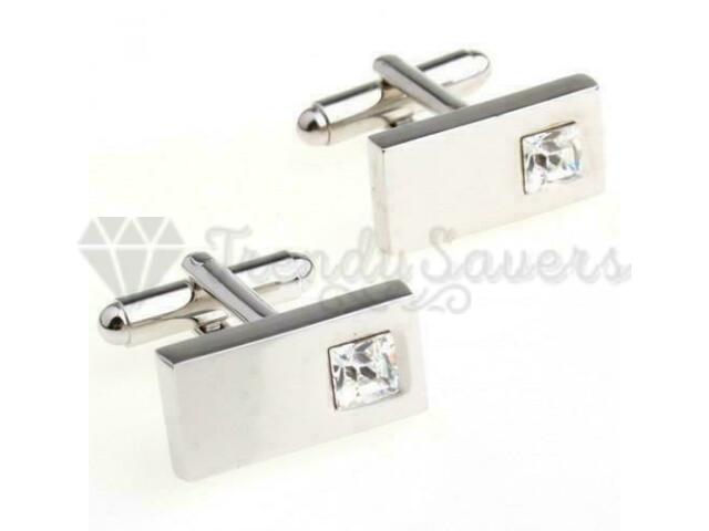 Stainless Steel Silver Plated White Crystal Cufflink Men Wedding Gift Cuff Links