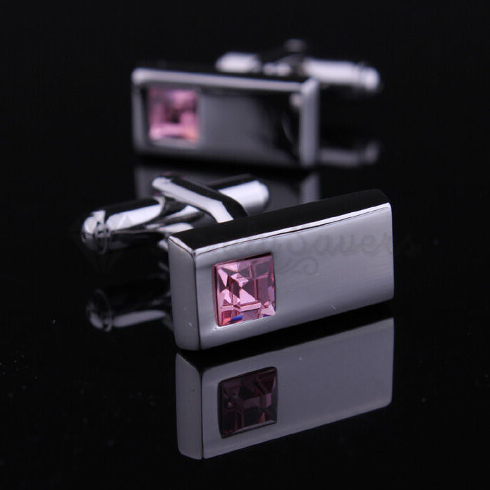 Luxury Men's Stainless Steel Cufflinks Pink CZ Cuff Link Wedding Gift Jewellery