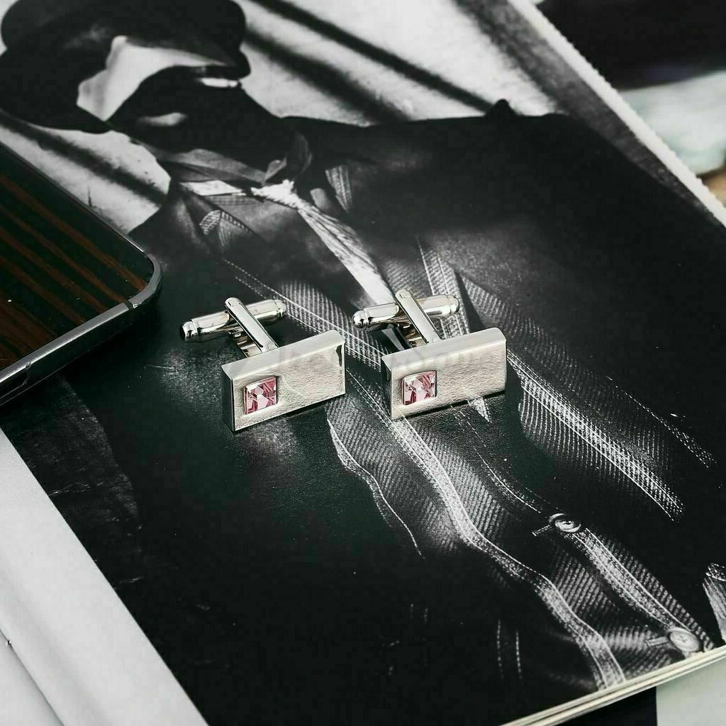 Luxury Men's Stainless Steel Cufflinks Pink CZ Cuff Link Wedding Gift Jewellery