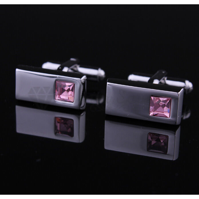 Luxury Men's Stainless Steel Cufflinks Pink CZ Cuff Link Wedding Gift Jewellery