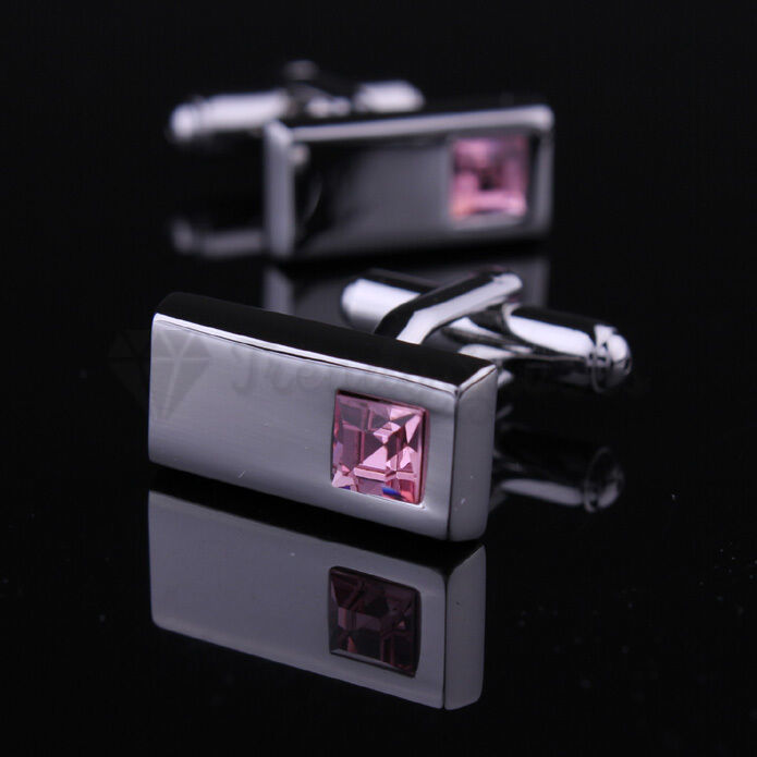 Luxury Men's Stainless Steel Cufflinks Pink CZ Cuff Link Wedding Gift Jewellery